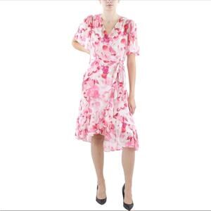 NWT Calvin Klein Floral-Print Faux-Wrap Pink Midi Dress Size 6 Small